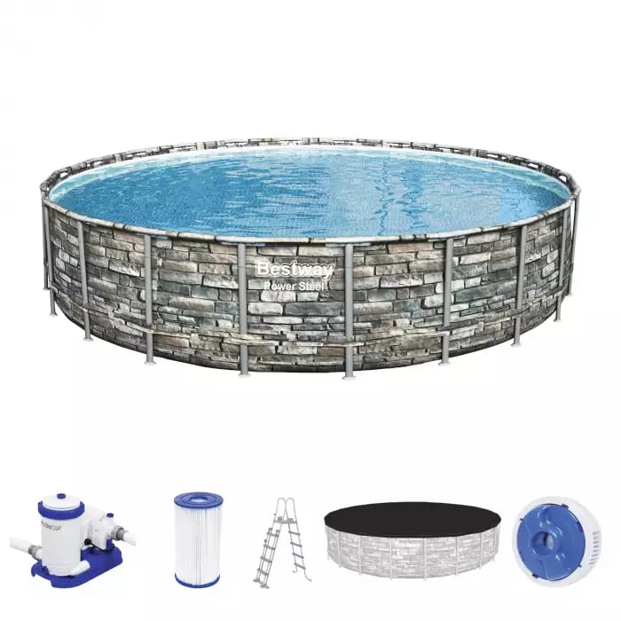 Каркасный бассейн Bestway 56889 BW, Power Steel 671x132см "Камень" 40377л, фильтр-насос, лестница, тент, попл.-доз.